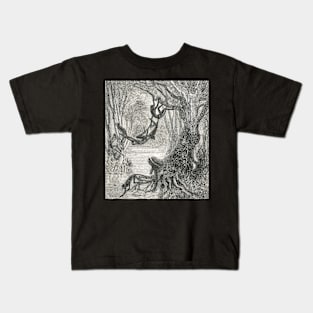 Monkeys forming a bridge over a river Kids T-Shirt